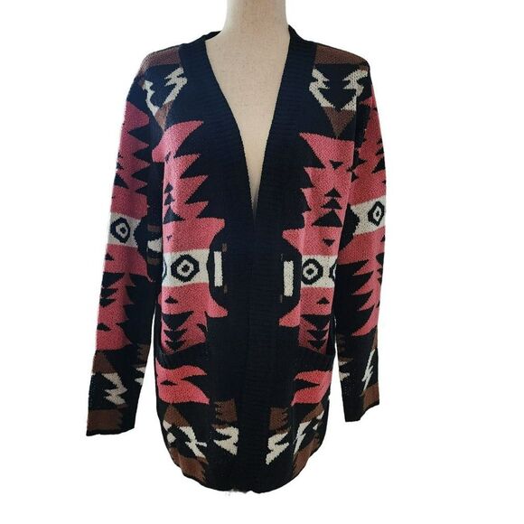 Tribal‎ Western Boho Print Black Pink Oversized Cardigan Lightweight Coat Size M - Picture 2 of 16